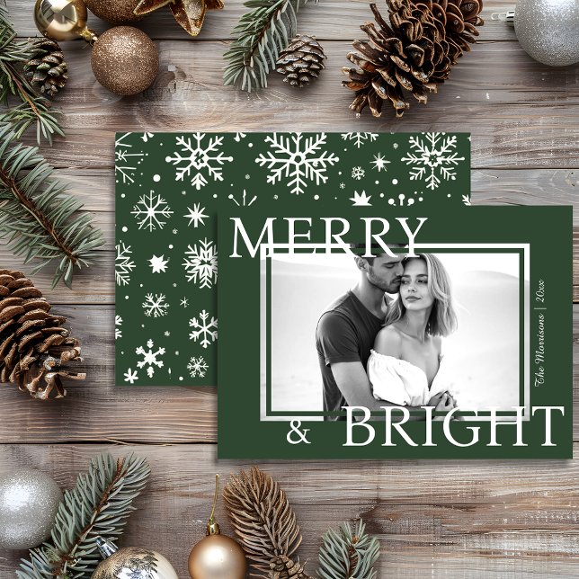 Cartão De Festividades Classic Green Merry & Bright Bold Snowflake Photo (Classic Green Merry & Bright Bold Snowflake Photo Holiday Card)