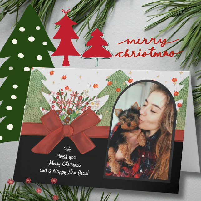 Cartão De Festividades Classic Green & Red Festive Trees Photo Arch (Classic Green & Red Festive Trees Photo Arch Holiday Card)