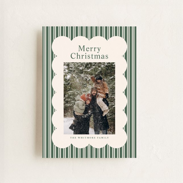 Cartão De Festividades Classic Green Stripe Photo Holiday Card (Criador carregado)