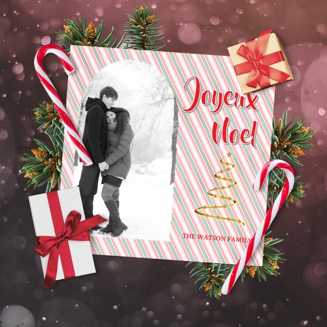 Cartão De Festividades Classic Joyeux Noel Green Red Stripes Christmas (Classic Christmas photo holiday card to customize)