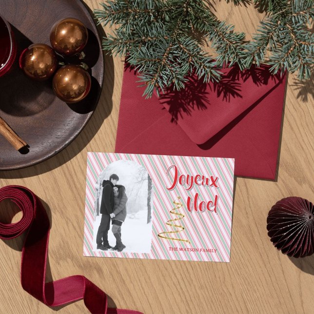 Cartão De Festividades Classic Joyeux Noel Green Red Stripes Christmas (Spread the joy of the season with this customizable Classic Christmas photo holiday card. )