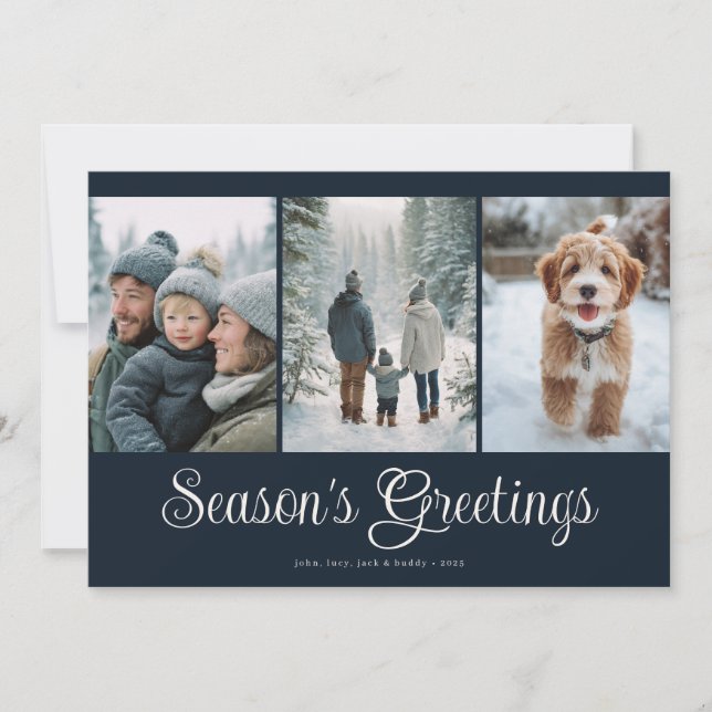 Cartão De Festividades Classic Navy Seasons Greetings Photo Collage (Frente)