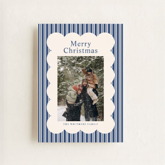 Cartão De Festividades Classic Navy Stripe Photo Holiday Card