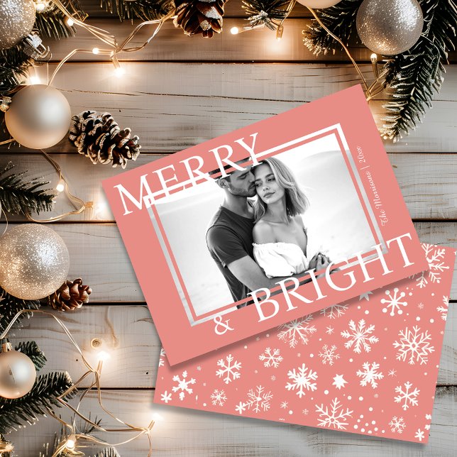 Cartão De Festividades Classic Pink Merry & Bright Bold Snowflake Photo (Classic Pink Merry & Bright Bold Snowflake Photo Holiday Card)