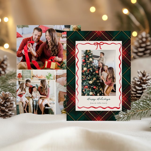 Cartão De Festividades Classic Plaid Christmas Photo Card with Red Ribbon (Criador carregado)