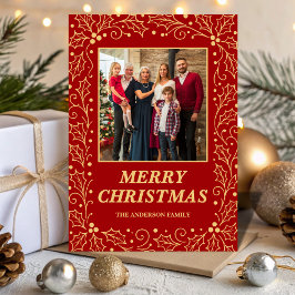 Cartão De Festividades Classic Red & Antique-Gold Family Photo Christmas