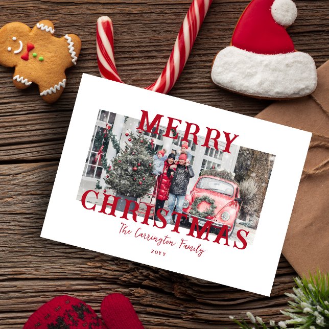 Cartão De Festividades Classic Red Merry Christmas Photo  (Celebrate this festive season with our charming 'Classic Red Merry Christmas Photo Holiday Card.)