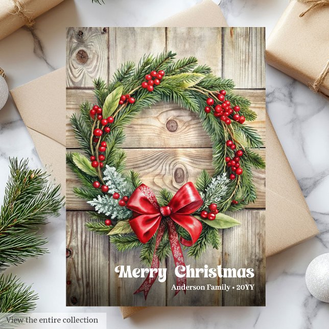 Cartão De Festividades Classic rustic Christmas pine wreath holly berries (Classic rustic Christmas pine wreath holly berries Holiday Card)