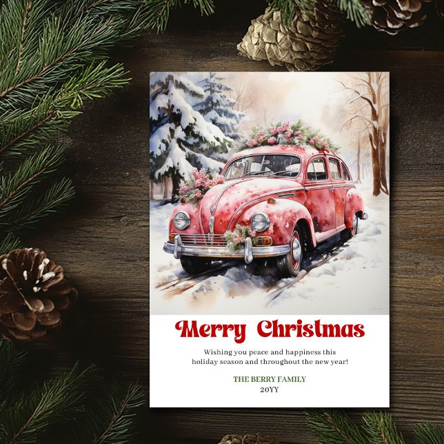 Cartão De Festividades Classic rustic Christmas scene pink car design (Classic rustic Christmas scene pink car design)