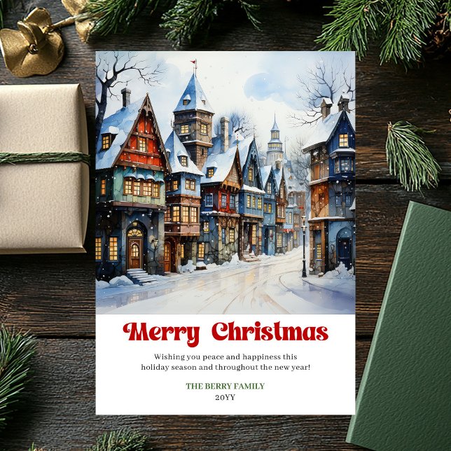 Cartão De Festividades Classic rustic Christmas scene winter watercolor  (Classic rustic Christmas scene winter watercolor art)