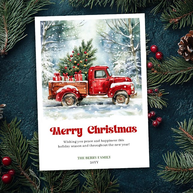 Cartão De Festividades Classic Rustic Red Truck Christmas Scene Greeting (Classic Rustic Red Truck Christmas Scene Greeting Holiday Card)