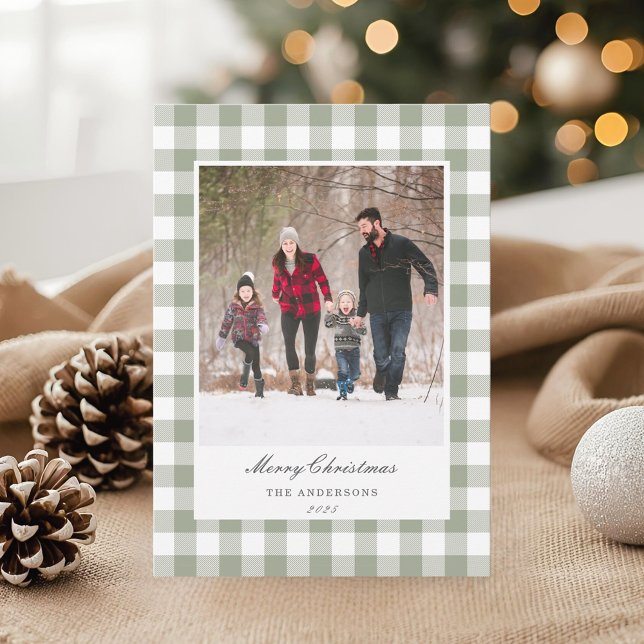 Cartão De Festividades Classic Sage Gingham Two Sided Family Photo (Criador carregado)