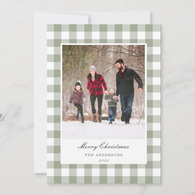 Cartão De Festividades Classic Sage Gingham Two Sided Family Photo (Frente)