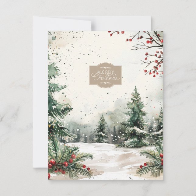 Cartão De Festividades Classic Snow Pine Trees and Red Berries Christmas  (Frente)