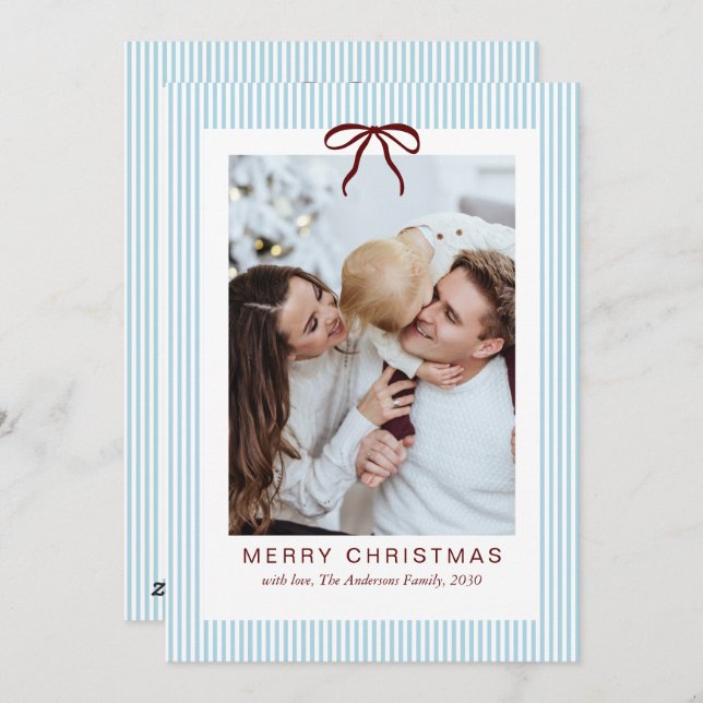 Cartão De Festividades Classic Stripes Red Bow Merry Christmas Photo  (Frente/Verso)