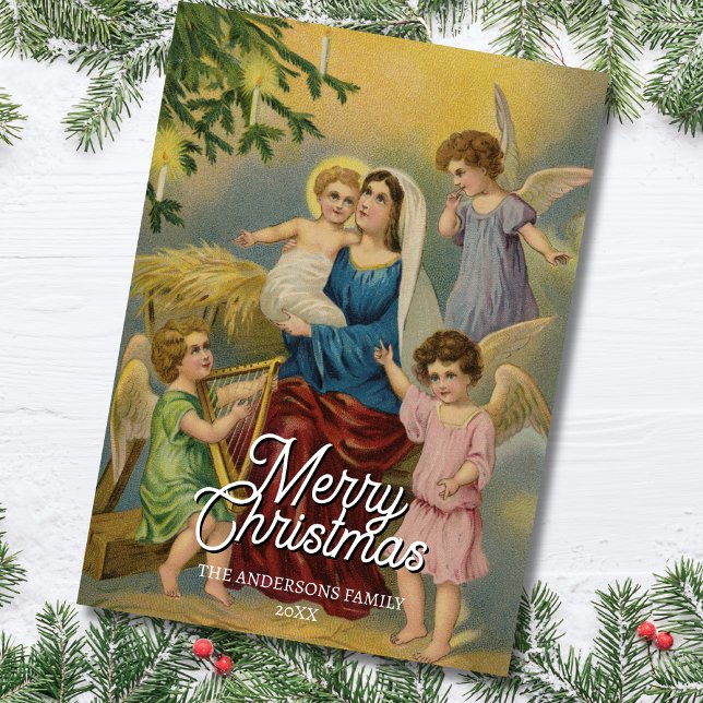 Cartão De Festividades Clássica Natividade Mary Baby Jesus Angels (Criador carregado)