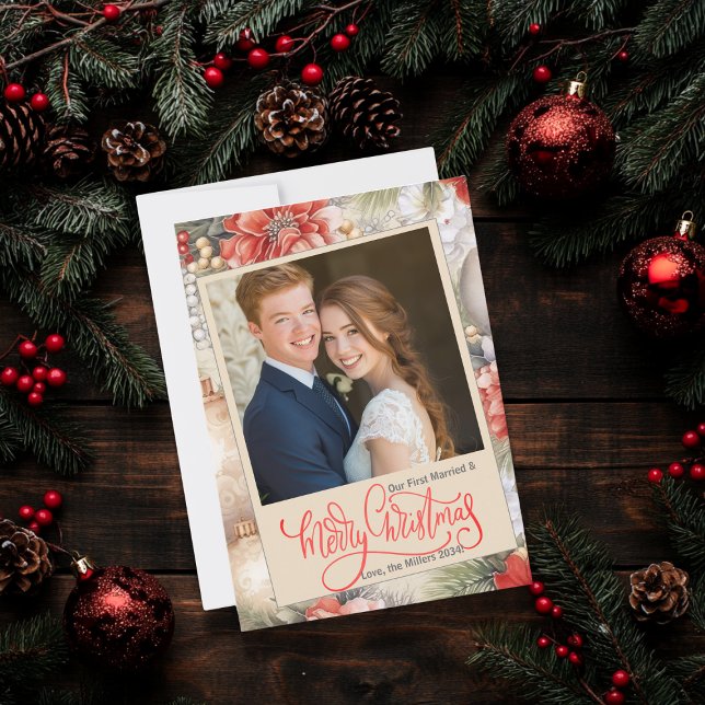 Cartão De Festividades Clássica, nossa primeira foto de Natal casada e al (Criador carregado)