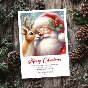 Cartão De Festividades Clássico Aconchegante Papai Noel e Rudi Saudação d