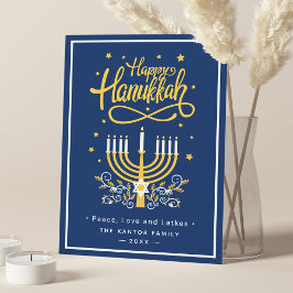 Cartão De Festividades Clássico Azul e Amarelo Menorah Feliz Hanukkah