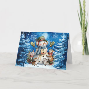 Cartão De Festividades Clássico Blue Snowman & Woodland