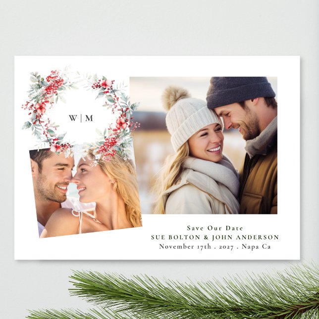 Cartão De Festividades Clássico Elegante Monograma Foliage Wreath 2 foto (Criador carregado)