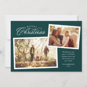 Cartão De Festividades Clássico Feliz Natal dois fotos verde escuro