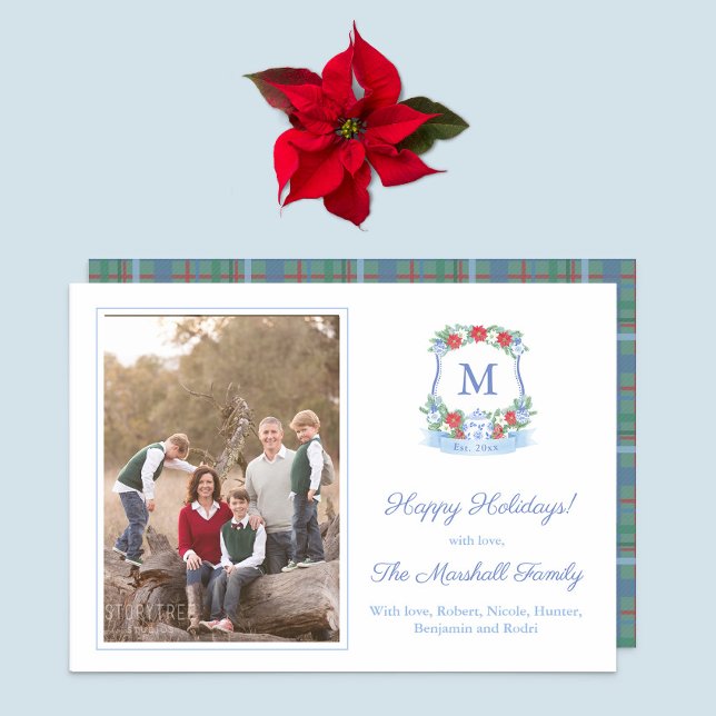 Cartão De Festividades Clássico Ginger Jar Red Poinsettia Feliz Natal (Timeless Chinoiserie Chic Christmas Card design in blue white & red with coordinating plaid reverse.)