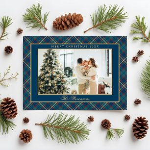 Cartão De Festividades Clássico Natal Foto Crest Xadrez Azul Vintage