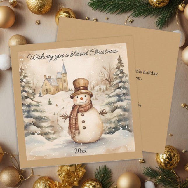 Cartão De Festividades Clássico Natalino Boneco de Neve Igreja Abençoada (Classic "Wishing you a blessed Christmas" snowman square Christmas greeting card)
