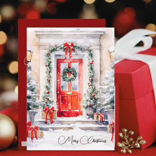 Cartão De Festividades Clássico Watercolor Red Door Green Wreath Natal