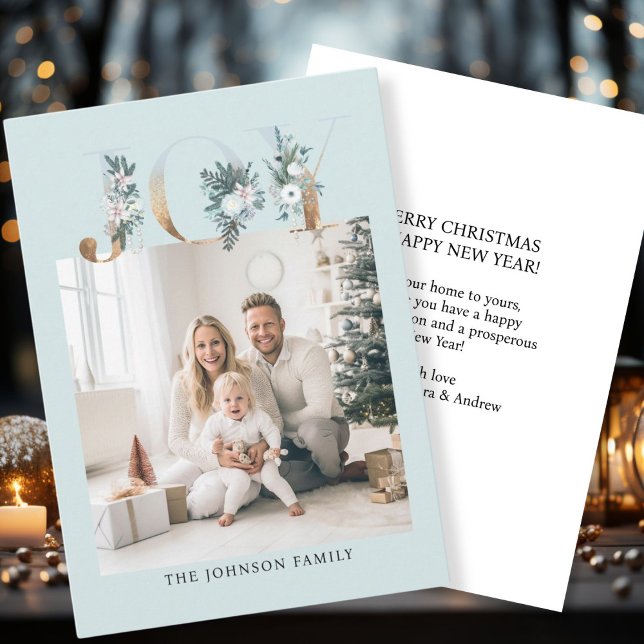 Cartão De Festividades Cliente específico "Joy-Merry Christmas (Customer specific "Joy-Merry Christmas" light-blue-gold, photo holiday card. )