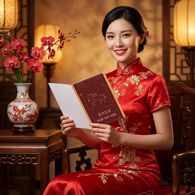 Cartão De Festividades CNY 2026 Year of the Horse Elegant Red & Gold (Criador carregado)