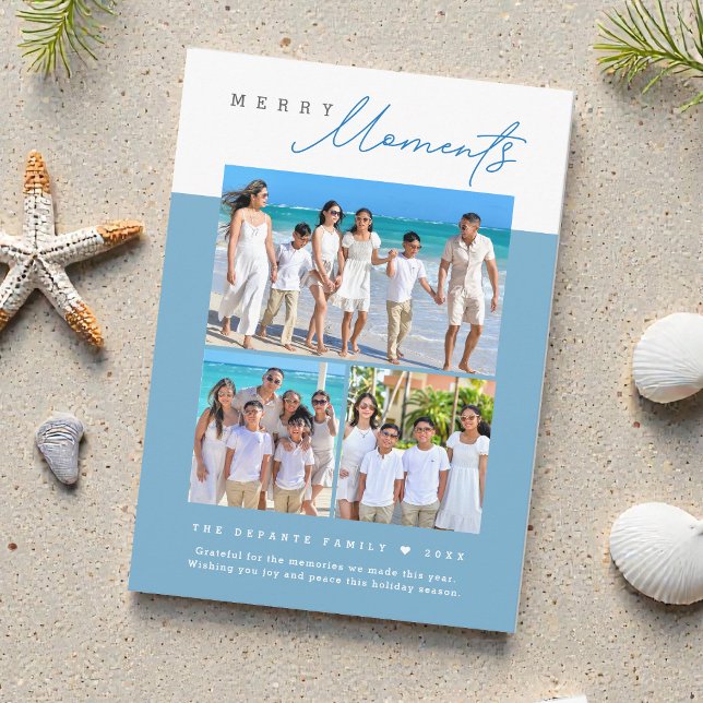 Cartão De Festividades Coastal blue Merry Moments family Photo collage (Coastal blue and white Merry Moments family beach vacation Christmas card.)