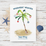 Cartão De Festividades Coastal Christmas | Warm Wishes Tropical Palm Tree<br><div class="desc">Coastal Christmas tropical theme holiday flat card featuring original artwork of a palm tree decorated with festive ornaments on a sparkling gold patch of beach sand with the greetings "Warmest Wishes" and "Happy Holidays" in navy blue lettering. Reverse side is hand-painted, nautical blue and white stripes. Original artwork KL Stock....</div>