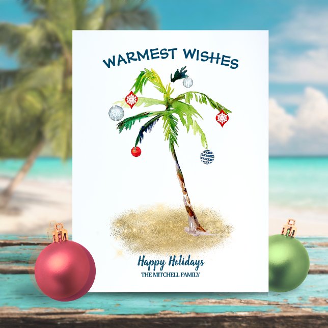 Cartão De Festividades Coastal Christmas | Warm Wishes Tropical Palm Tree (Criador carregado)
