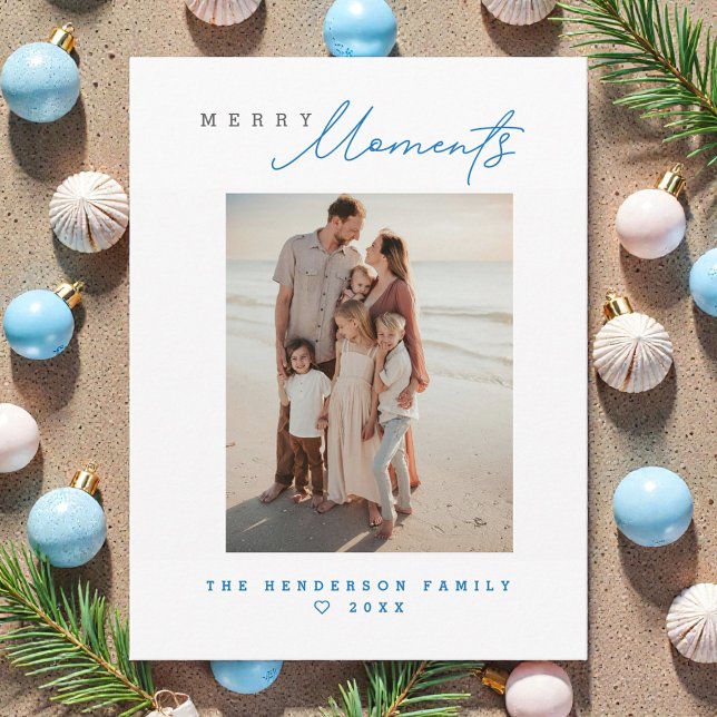 Cartão De Festividades Coastal Family Beach vacation Custom Holiday Photo (Modern, simple, coastal beach Merry Moments photo family holiday Christmas card.)