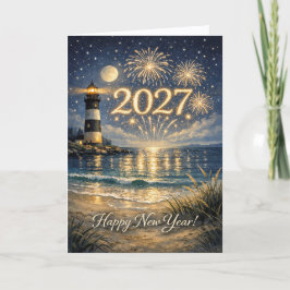 Cartão De Festividades Coastal Lighthouse Fireworks Happy New Year 2027