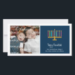 Cartão De Festividades Cobalto colorido Menorah Hanukkah<br><div class="desc">Está aqui um gráfico do divertimento procura uns cartões de fotos de Hanukkah. Um menorah colorido destaca uma luz listrada - painel azul com sua mensagem especial embaixo. Adicione uma foto e personalize o texto como você gosta. Disponível em cores alternativas com produtos de harmonização.</div>