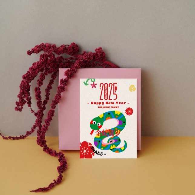 Cartão De Festividades Cobra chinês de cartoon em 2025 Ano Novo (Cute 2025 Cartoon Snake Chinese New Year Holiday Card)