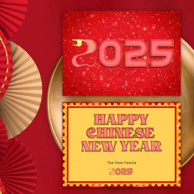 Cartão De Festividades Cobra de 2025, ano novo chinês, vermelho e Dourado (Front / Back)
