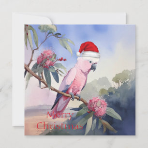 Cartão De Festividades Cockatoo rosa Gala Santa Hat Feliz Natal