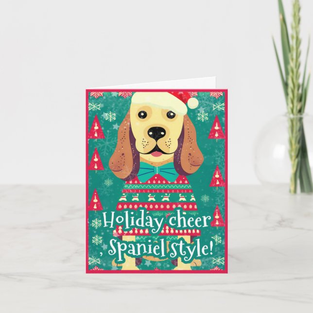 Cartão De Festividades Cocker Spaniel com Suéter Feio de Natal Alegre Div (Frente)