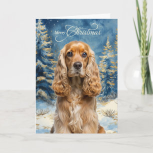 Cartão De Festividades Cocker Spaniel e Floresta de Pinheiros Azul no Inv