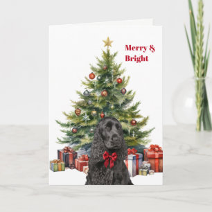 Cartão De Festividades Cocker Spaniel Preto com Laço Vermelho na Árvore d