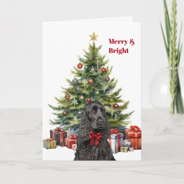 Cartão De Festividades Cocker Spaniel Preto com Laço Vermelho na Árvore d (Frente)