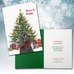 Cartão De Festividades Cocker Spaniel Preto com Laço Vermelho na Árvore d