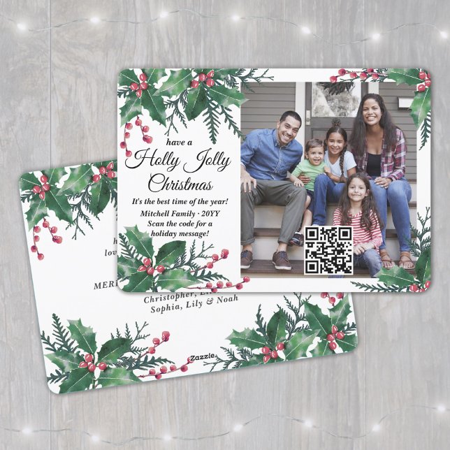 Cartão De Festividades Código QR Holly Jolly Christmas Greenery 1 Foto (Criador carregado)