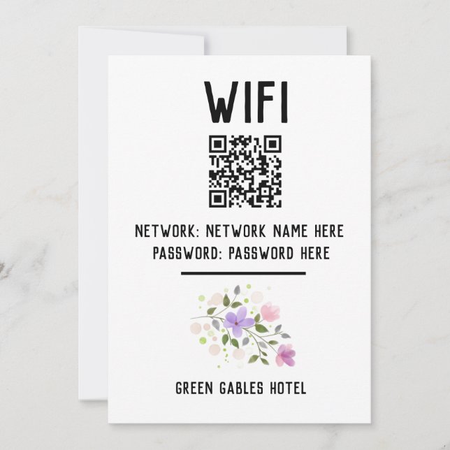 Cartão De Festividades Código WiFi com código QR e Design Floral (Frente)