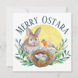 Cartão De Festividades Coelhinho Alegre da Primavera de Ostara & Ninho de