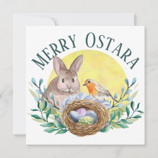 Cartão De Festividades Coelhinho Alegre da Primavera de Ostara & Ninho de